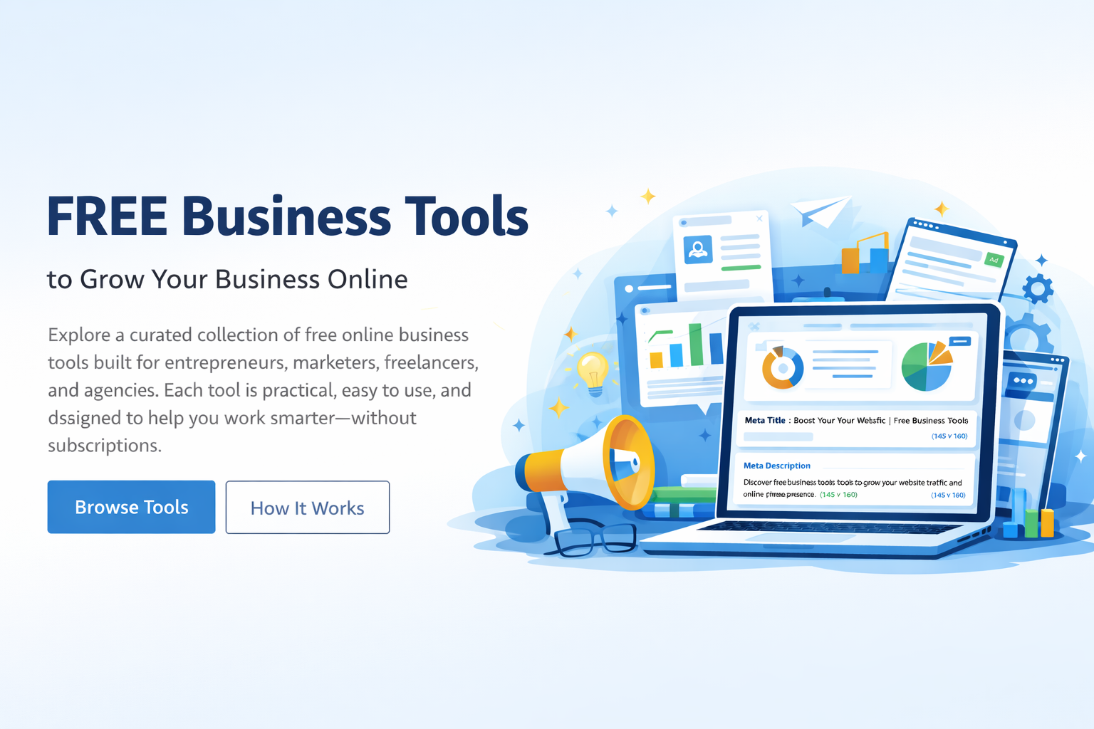 Free Business Tools illustration showing online business growth tools