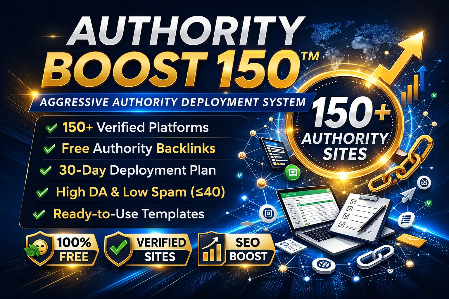 Authority Boost 150 - 150+ verified free search backlinks with 30-day SEO deployment framework
